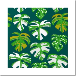 Variegated Monstera Pattern in Gouache-Teal Posters and Art